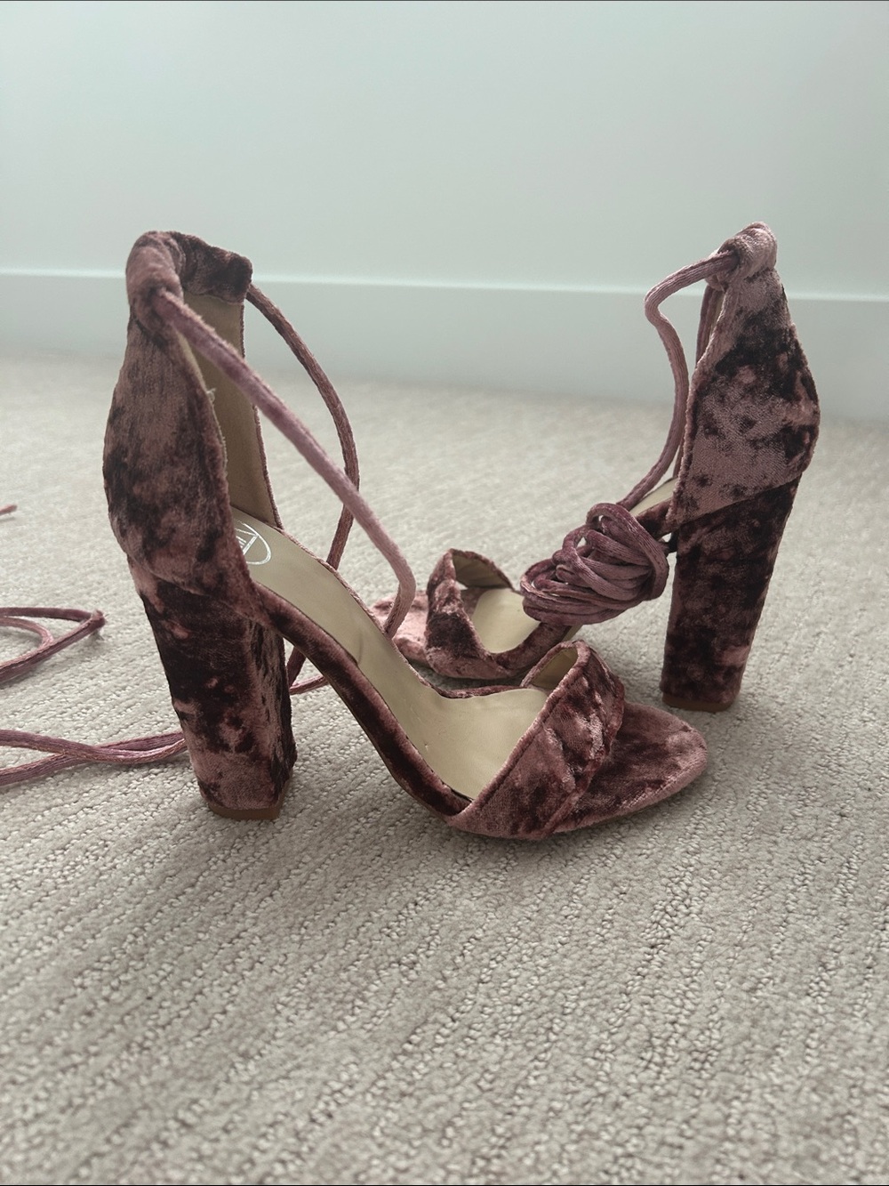 Velvet Lace-Up Heel Sandals Pink - Size 8